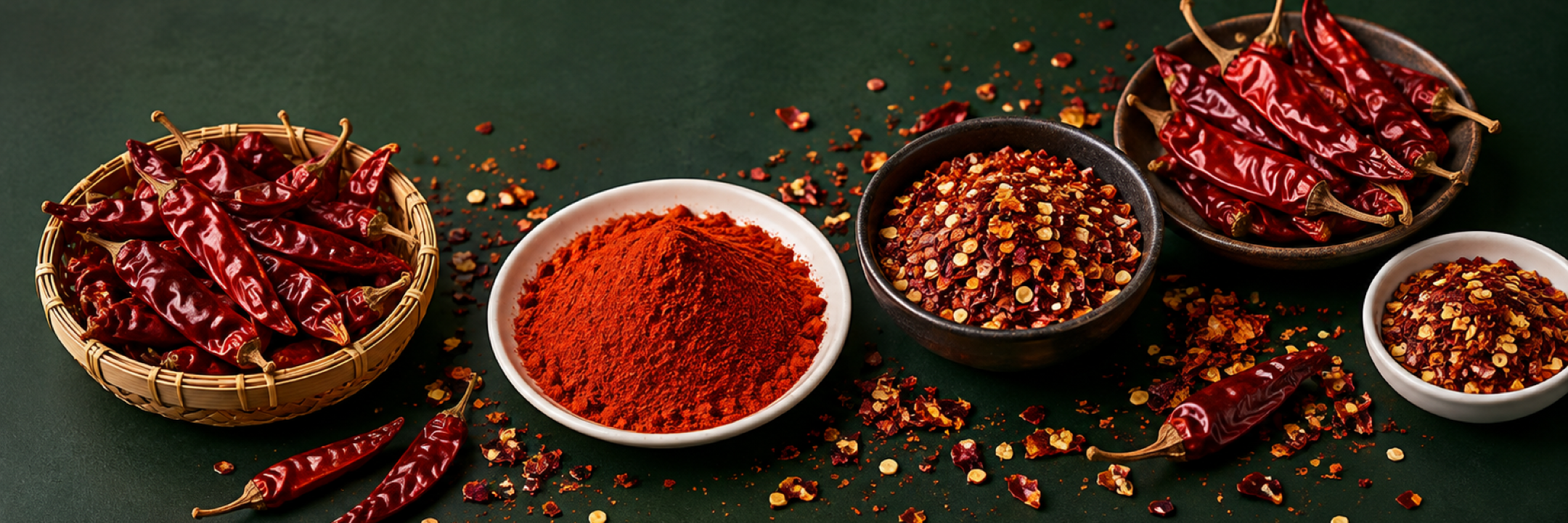 Whole dried red chilli pods, chilli flakes and chilli powder in bowls